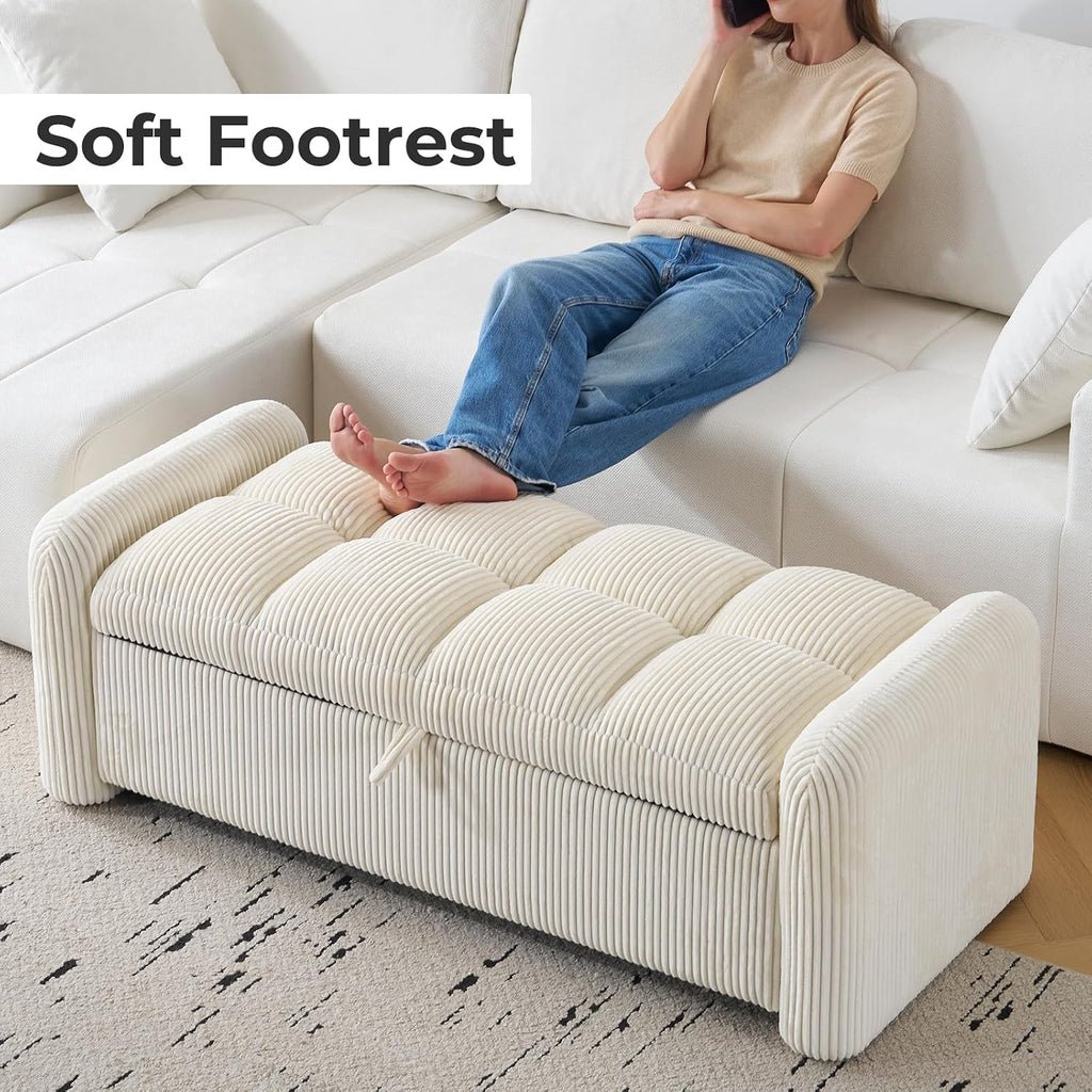 Oversized Corduroy Ottoman Bench with Storage, Upholstered End of Bed Bench , Ottoman Foot Rest , Beige