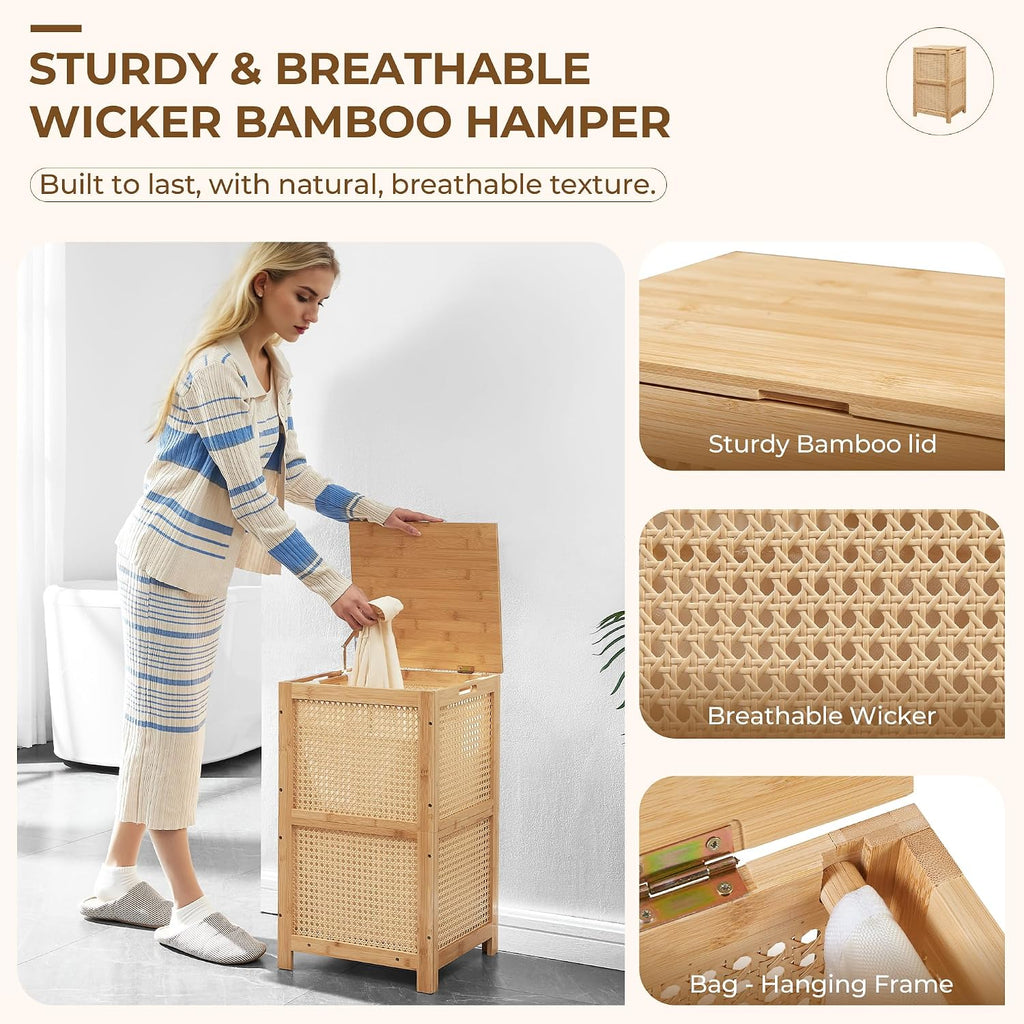 Bamboo Wicker Laundry Hamper Basket with Lid, 13 Gal/50L, Natural | Woven Wicker, Boho Bamboo Frame, Removable