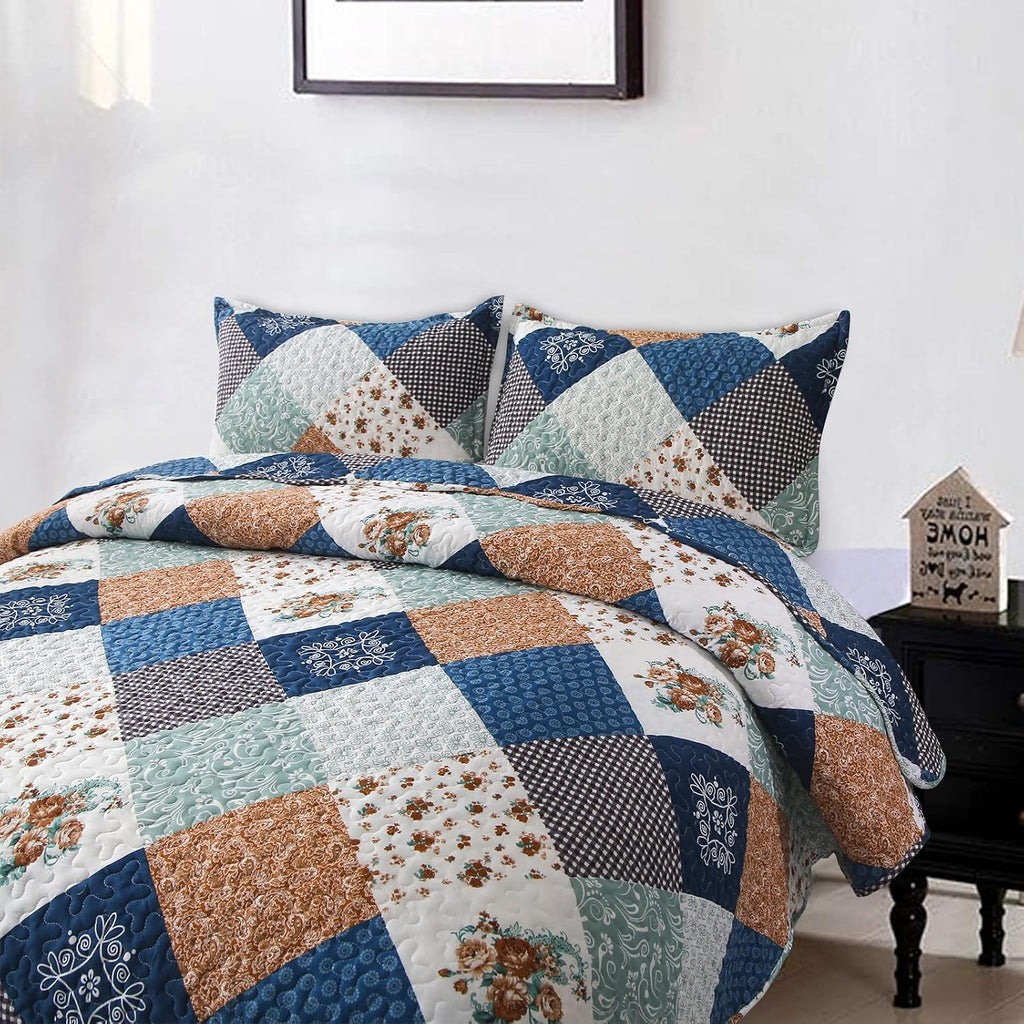 Patchwork Quilt Set King,Reversible Blue Floral Bedspreads