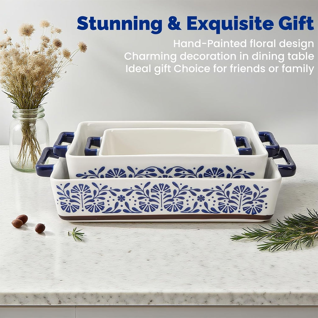3 Pack Rectangular Ceramic Dish Set for Oven, Hand-Painted Floral Design Non-Stick and Stackable Casserole Dish with