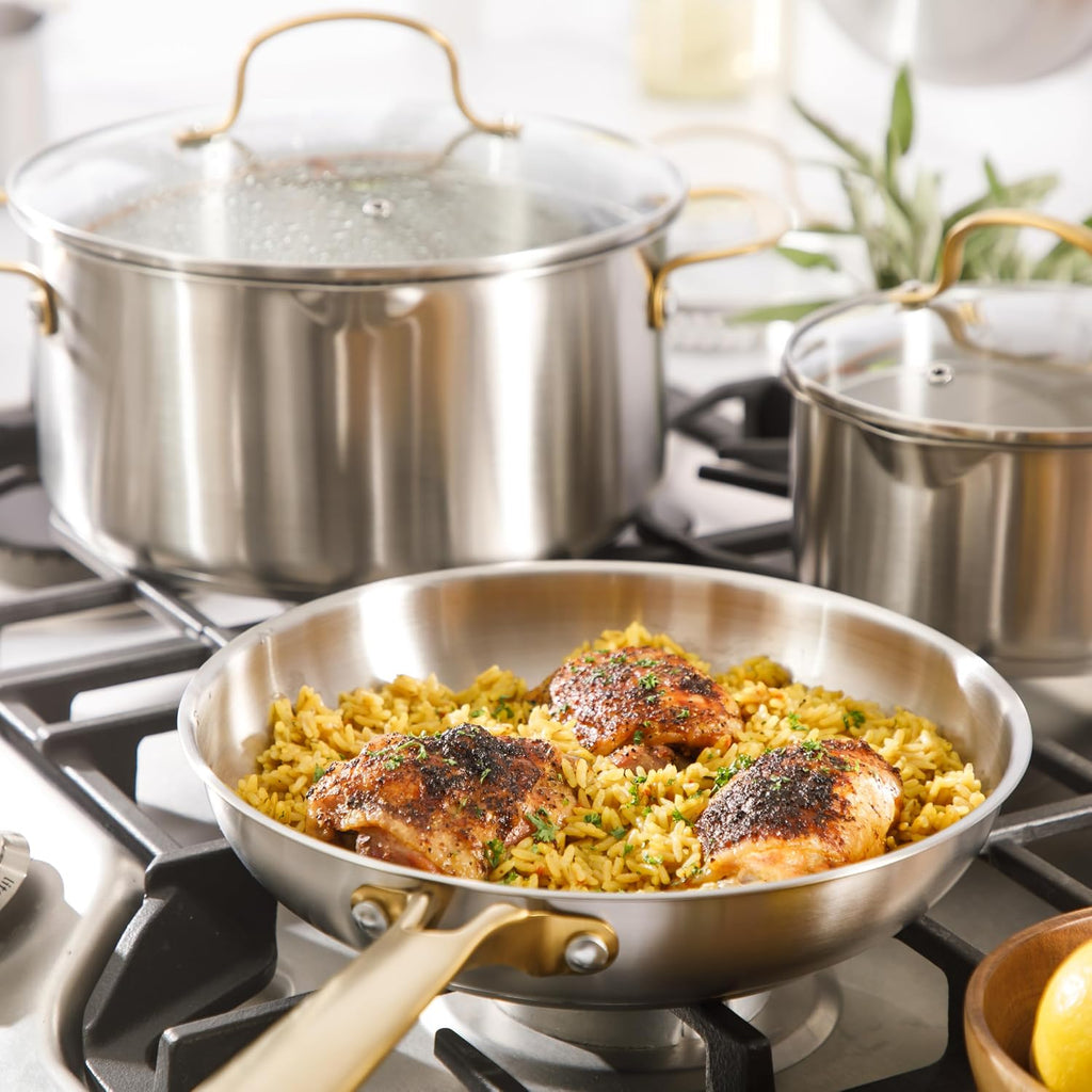 Platinum Sunstreak Pots and Pans Set, 10-Piece Stainless Steel Cookware Set with Glass Strainer Lids and Gold
