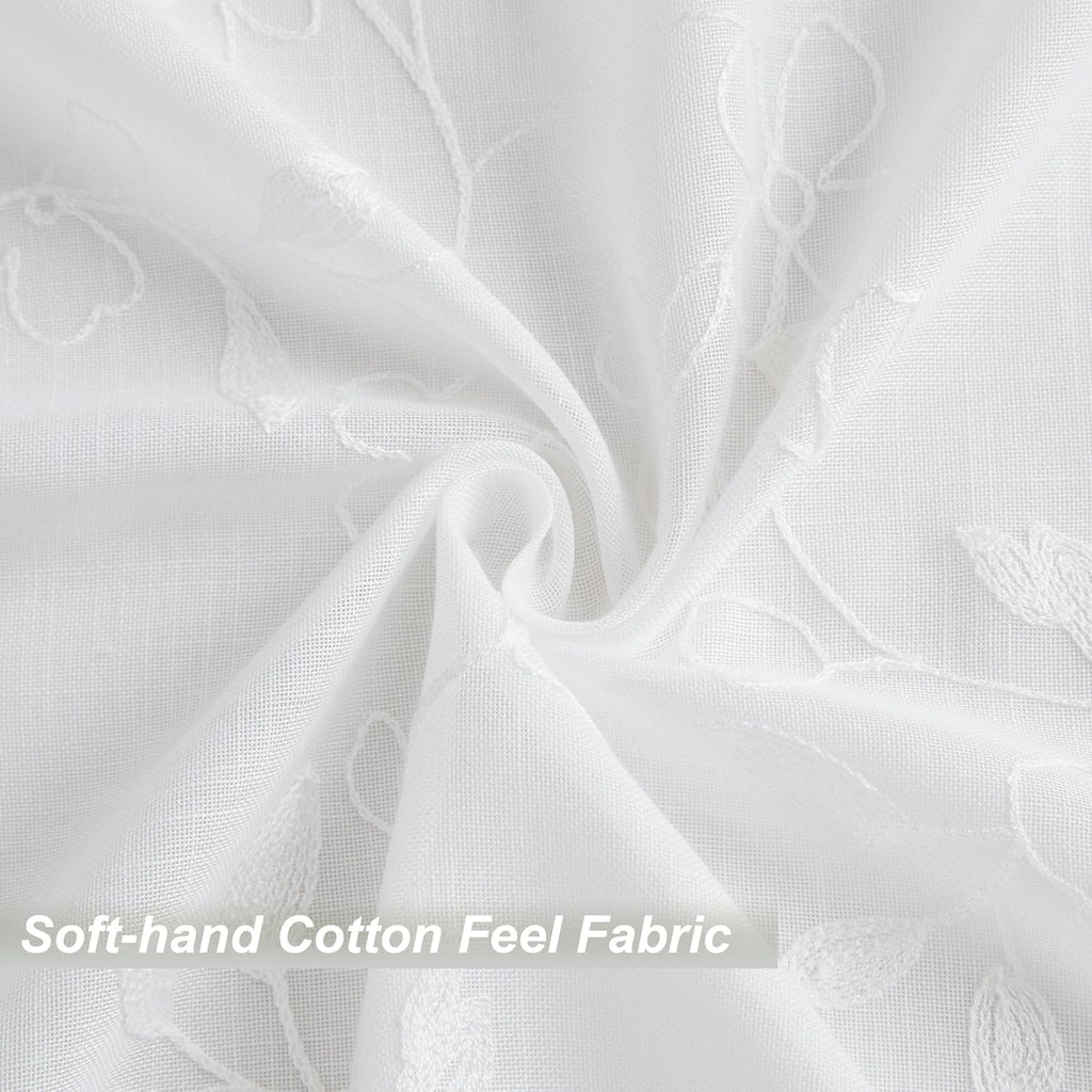 White Embroidered Floral Pinch Pleated Sheer Curtains Leaf Patterned Rustic Light Filtering Window Panels for Living