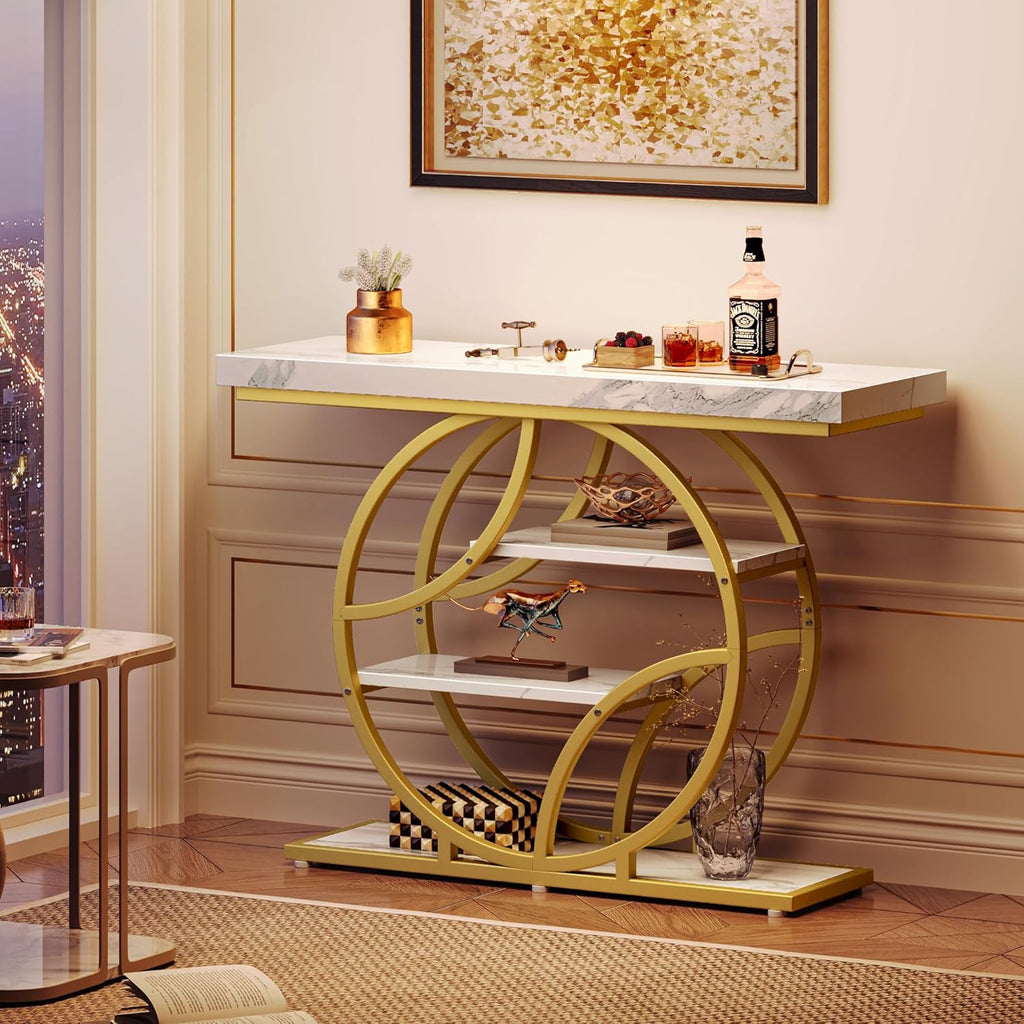 41.3 Inch Entryway Table with Marble Top, Modern Console Sofa Table, Accent Table with Shelves, for Entry, Hallway