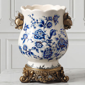 Vintage Blue and White Ceramic Vase with Gold Pedestal, Chinoiserie Floral Urn Decor, 8.3" Antique French Country
