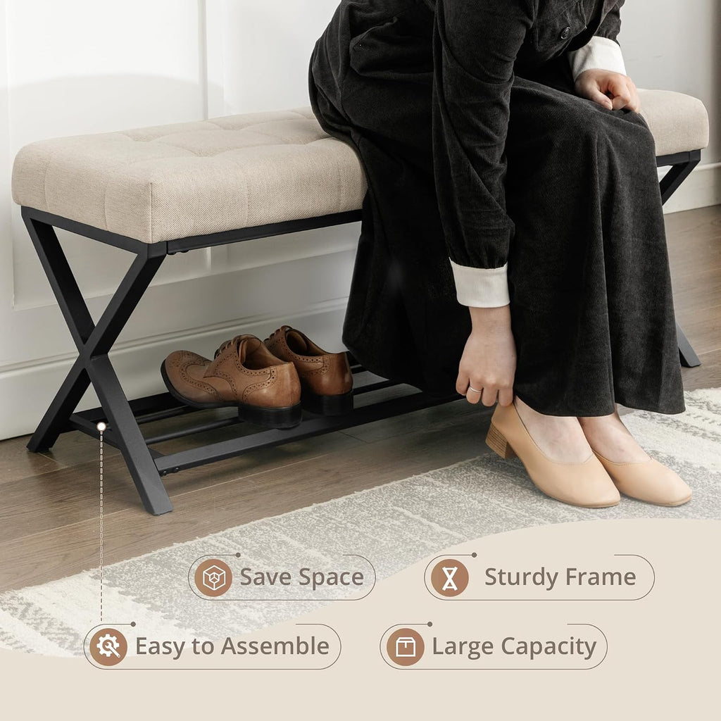 44.5" End of Bed Bench with Shelf, Linen Tufted Upholstered Storage Shoe Bench, Modern Bedroom Bench with Metal Legs