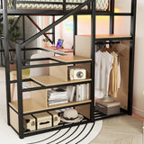Queen Metal Loft Bed Frame with Desk, Staircase, Built-in Storage Shelves and Wardrobe