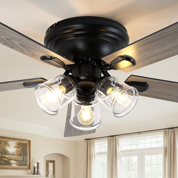52 Inch Flush Mount Vintage Ceiling Fan with Lights and Remote