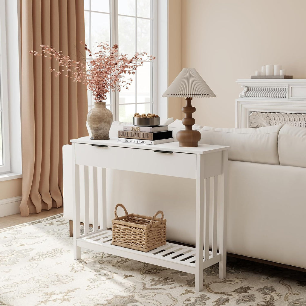 White Narrow Console Table with Drawer Storage Shelf, Modern Wooden Entryway Sofa Table, 39 Inch Slim Behind Couch