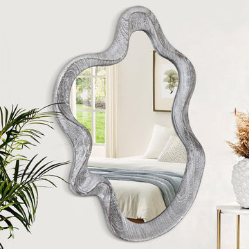 Irregular Wooden Framed Wall Mirror Modern Asymmetrical Mirror Rustic Black Cloud Hanging Mirror Artistic Wavy Mirror