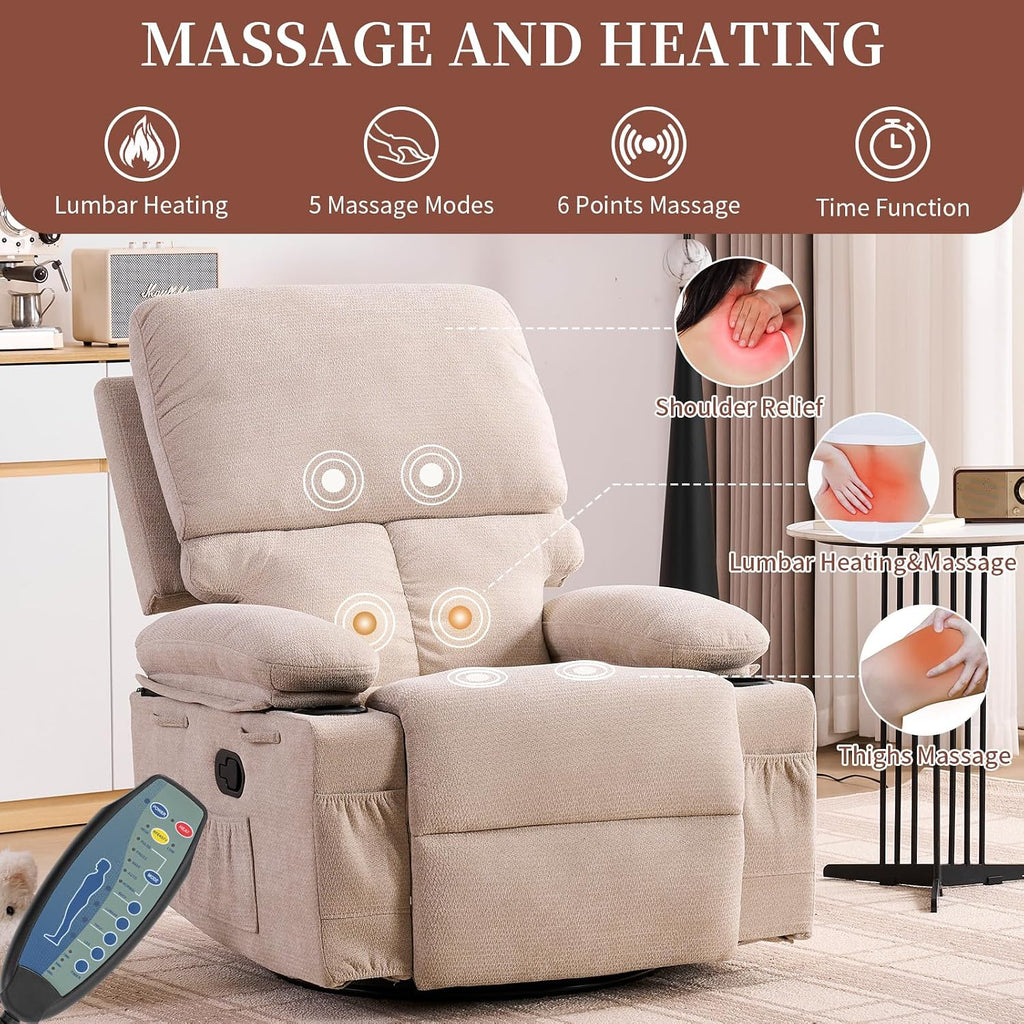 Recliner Chair for Adults, Nursery Glider Recliner with Massage and Heat, 360° Swivel Rocker Recliner, Manual
