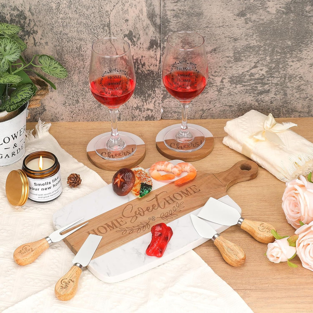 House Warming Gifts New Home - Marble & Acacia Wood Cheese Board, 4 Cheese Knives, Candle, 2 Wine Glasses, 2