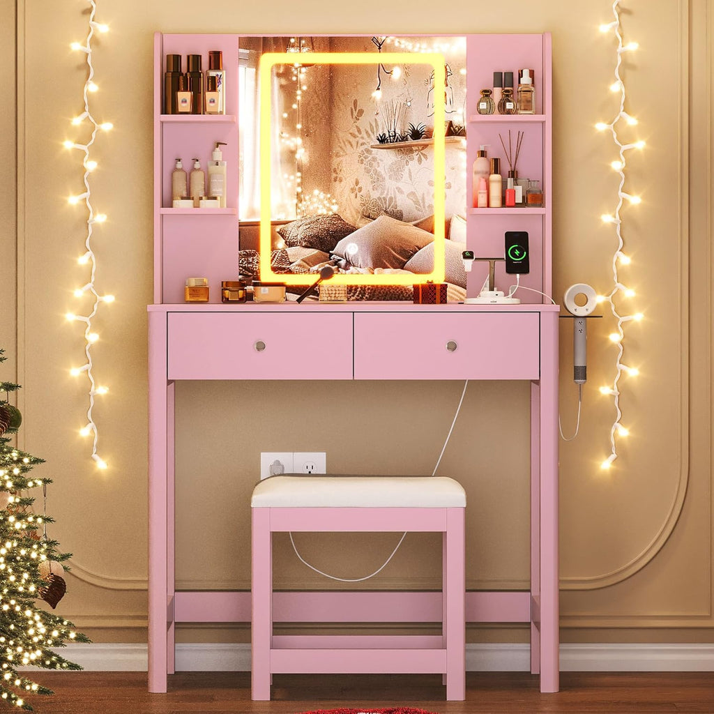 Vanity Desk with LED Mirror, 3 Lighting Modes and Chair | Small Makeup Vanity Table Set with Drawers, Dressing Table