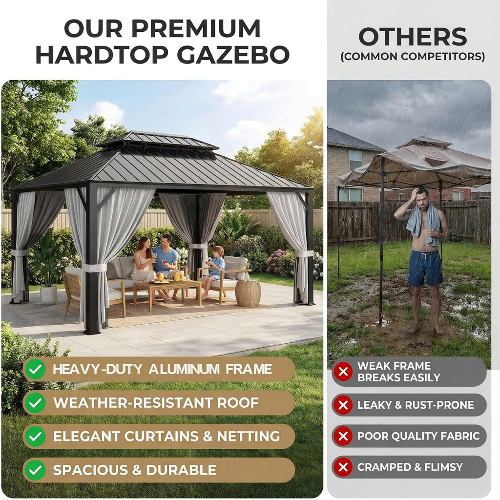 16'x12' Hardtop Gazebo, Update Aluminum Frame Gazebo with Galvanized Steel Double Roof