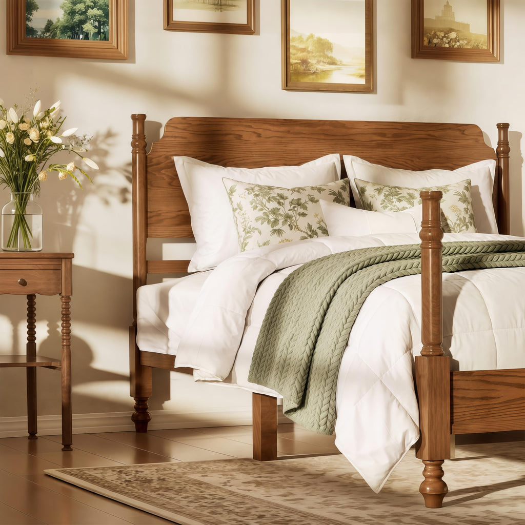 Vintage Wood Spindle Queen Bed Frame with Headboard, Light Walnut