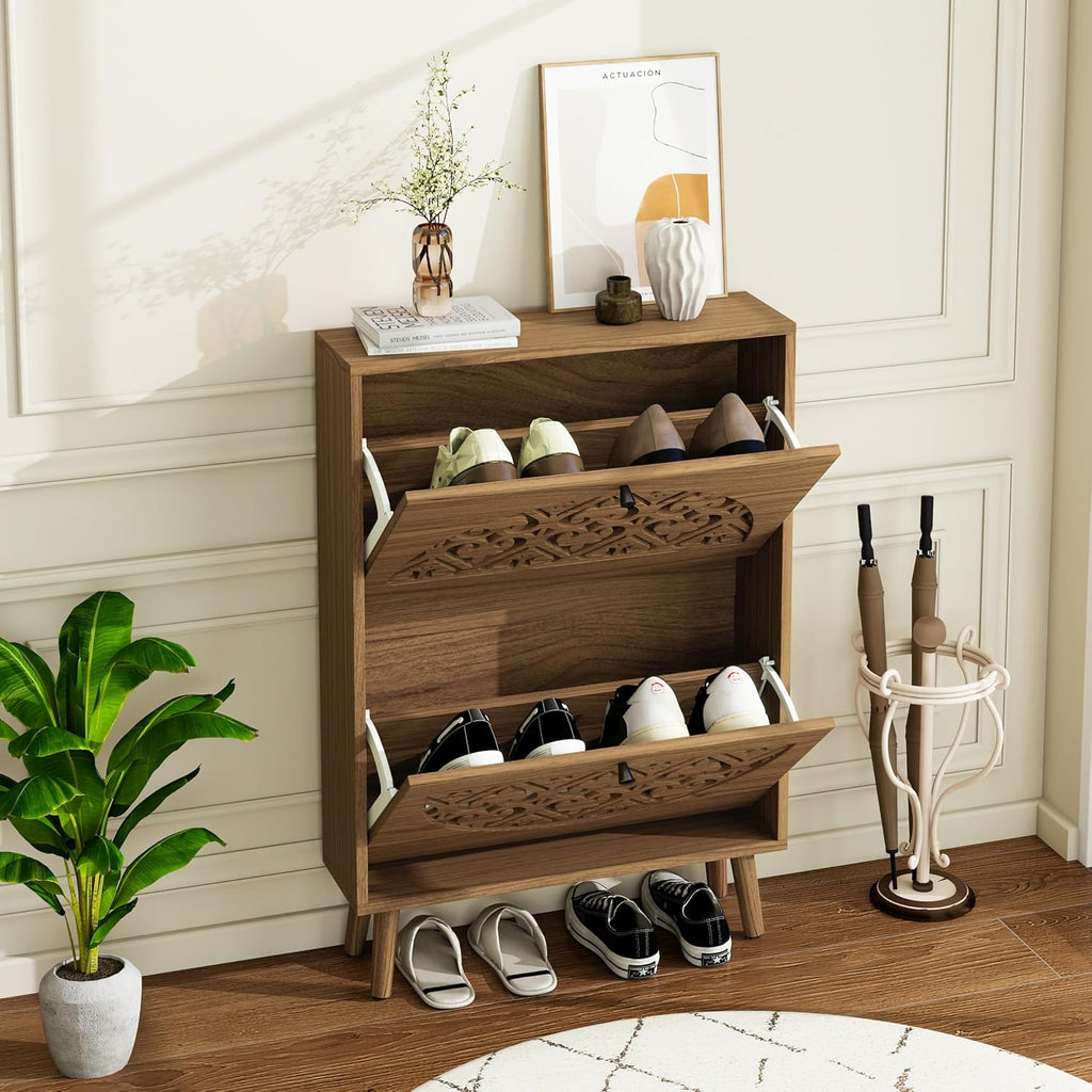 23.6" W Slim Shoe Cabinet with 2 Flip Drawers, Carved Floral Shoe Rack, Mid-Century Modern Free-Standing Heart-Shaped