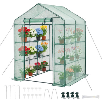 Walk-in Greenhouse, 55.5" x 56.1" x 78.7" Greenhouse for Outdoors with PE Cover, 2 Tiers 8 Shelves, Roll-Up Zipper