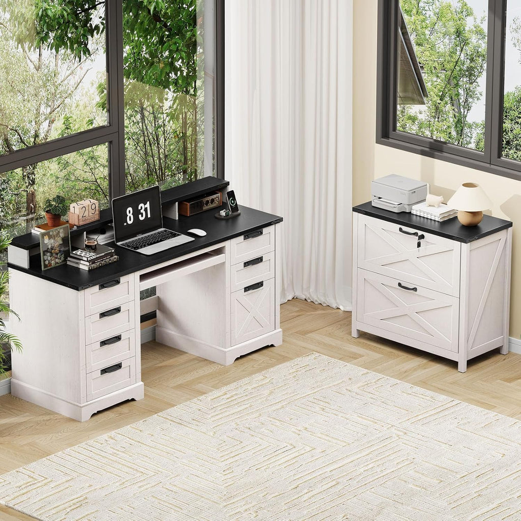 Farmhouse Lateral File Cabinet with 2 Drawers, White and Black | Lateral Filing Cabinet with Lock for Letter/A4/Legal