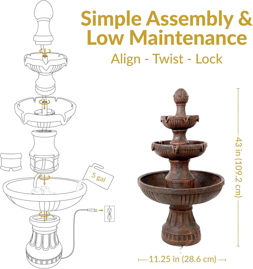 Flower Blossom 43" Tiered Outdoor Water Fountain - 3-Tiered Outdoor Fountain - Earth Finish
