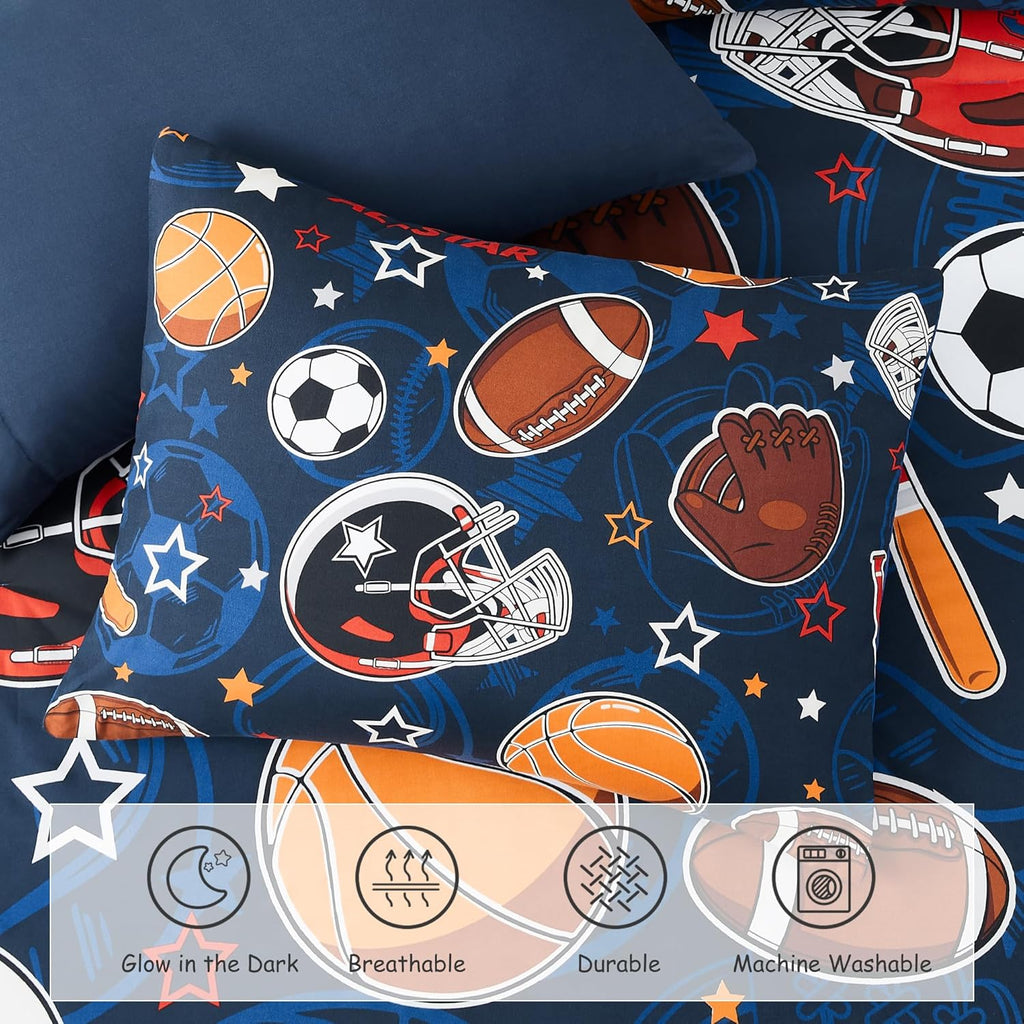 Comforter Set for Boys-5 Pieces Sports Ball Games Glow in the Dark Bedding Sets for Kids, Soft Bed in A Bag