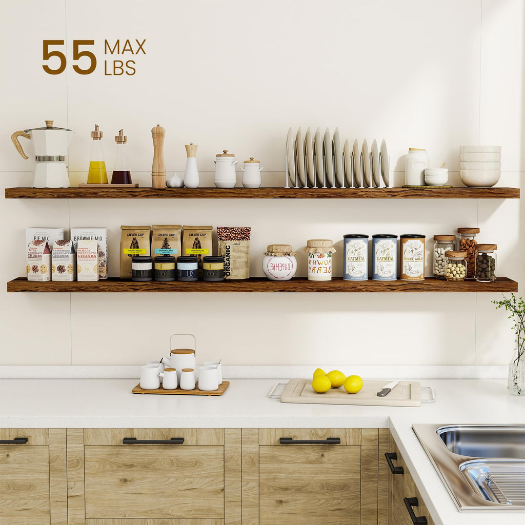 72Inch Floating Shelves for Wall, Rustic Wooden Storage Shelf, Farmhouse, Wall Mounted Display Shelving with
