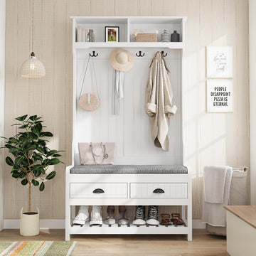 Hall Tree with Bench and Shoe Storage, Multi-Purpose Entryway Bench with Coat Rack, Padded Seat Cushion, 4 Double