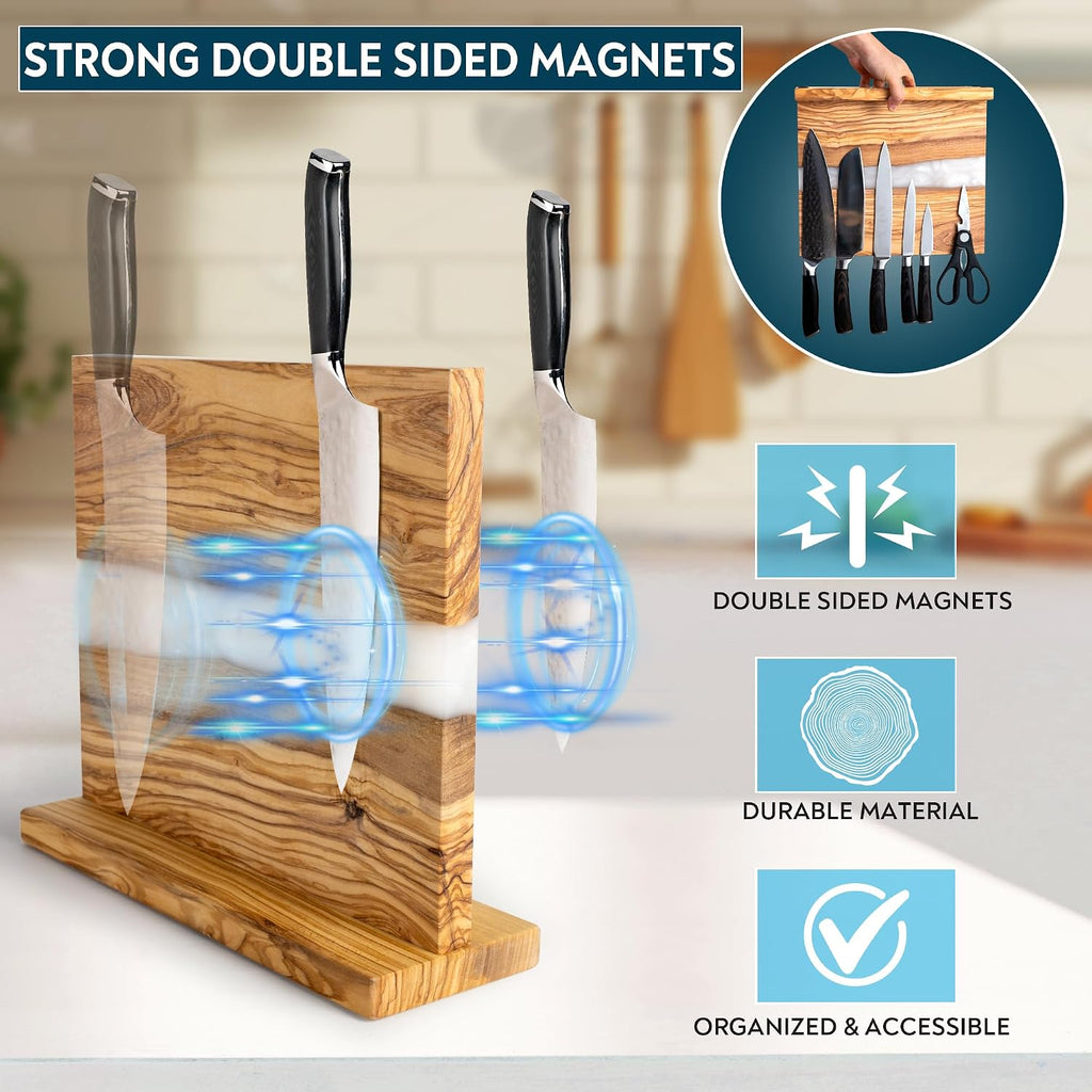 Magnetic Knife Block Stand - Italian Olive Wood Kitchen Knife Holder Rack with Resin Flow Design - Double Sided