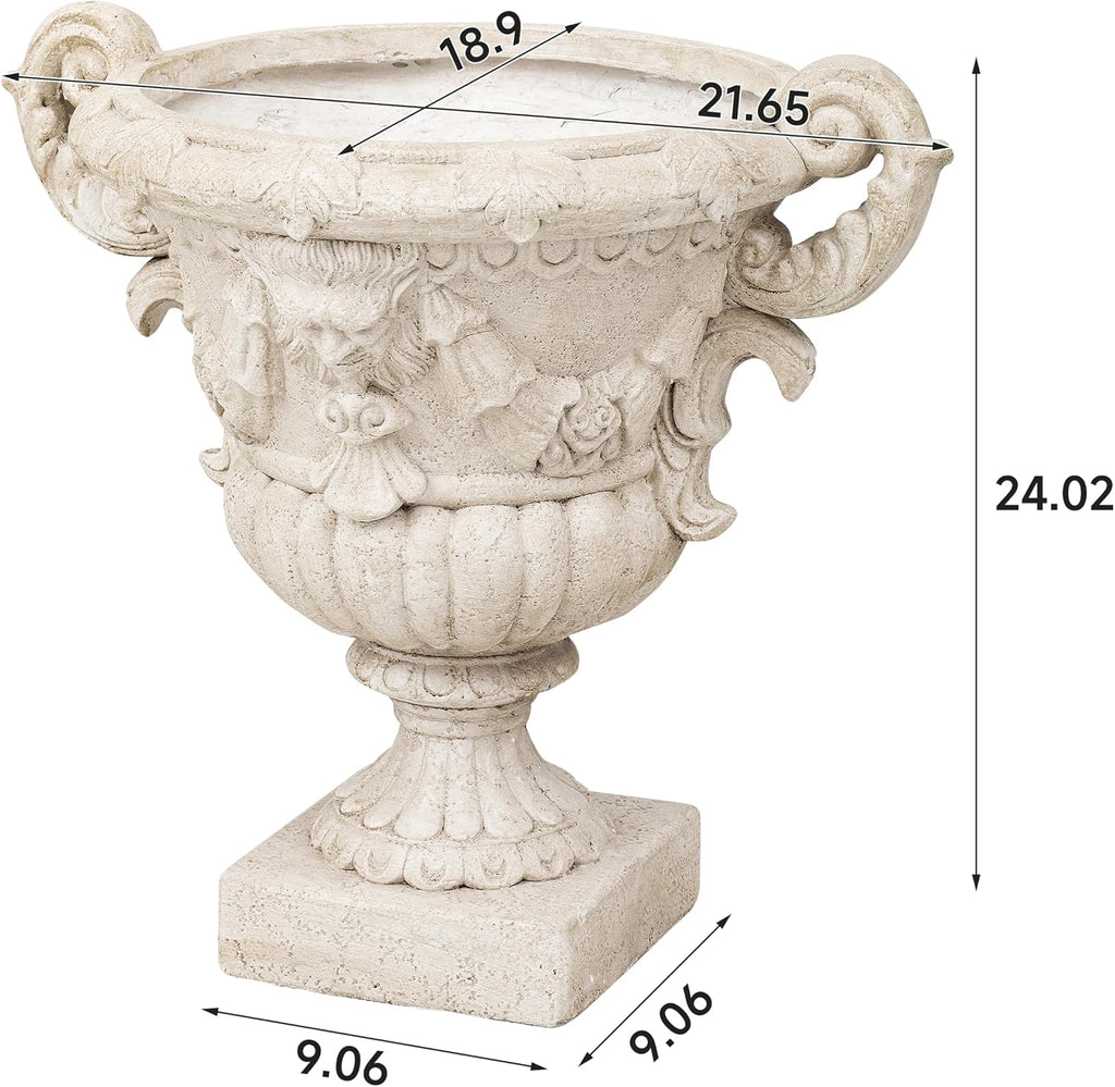 2-Piece 21.65" H Classical Mythological Relief Urn Planter, MGO Pedestal Flower Pot with Ornate Scroll Handles