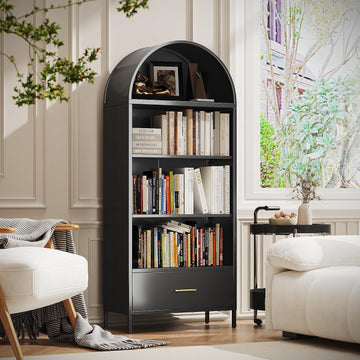73" Tall Arched Bookcase with Drawer, Metal Arched Cabinet with 2 Adjustable Shelves, Open Display Shelf