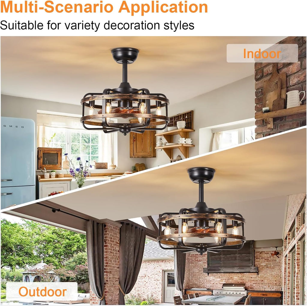 Caged Ceiling Fans with Lights Black Farmhouse 18‘’ Flush Mount Bladeless Rustic Chandeliers Fan Lights with Remote