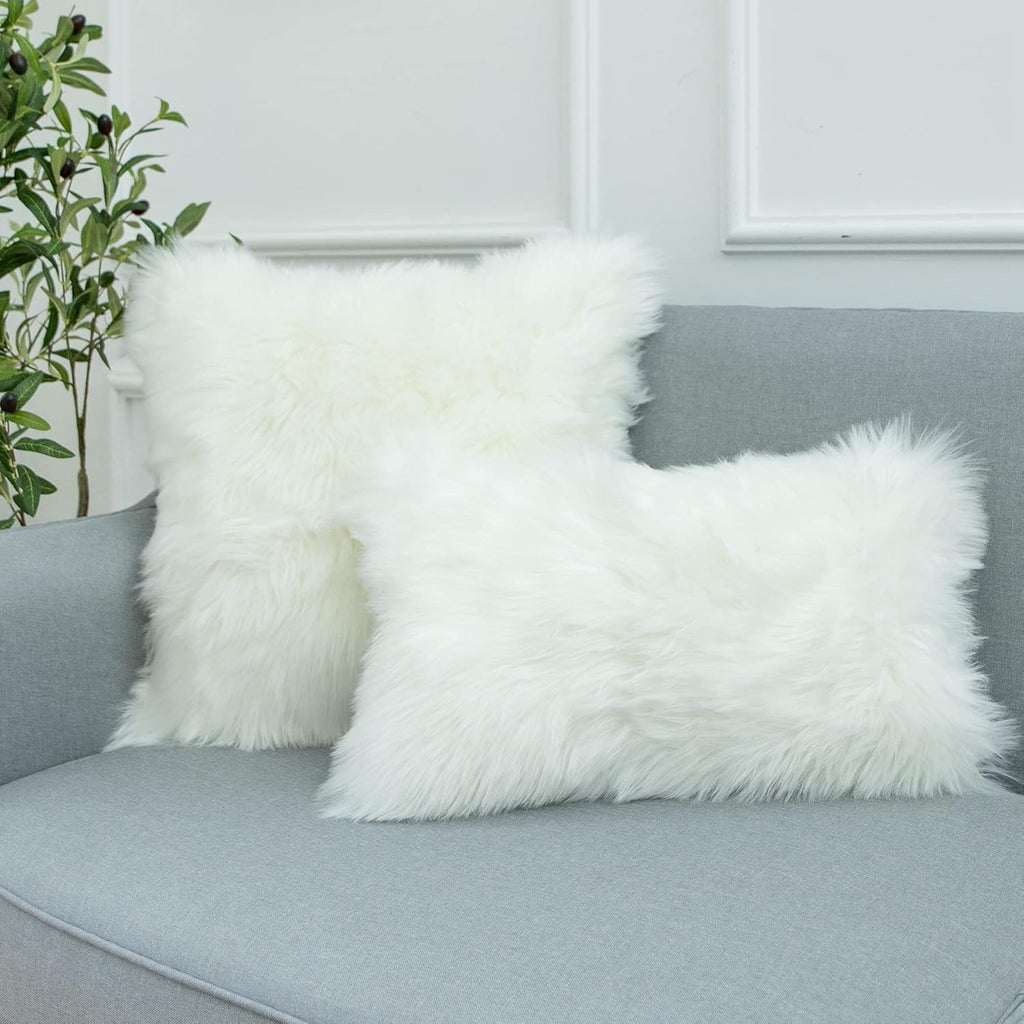 Decorative Lumbar Soft Faux Fur Throw Pillow Cover Luxury Series Rectangle Plush Pillow Case Cushion Cover, White)