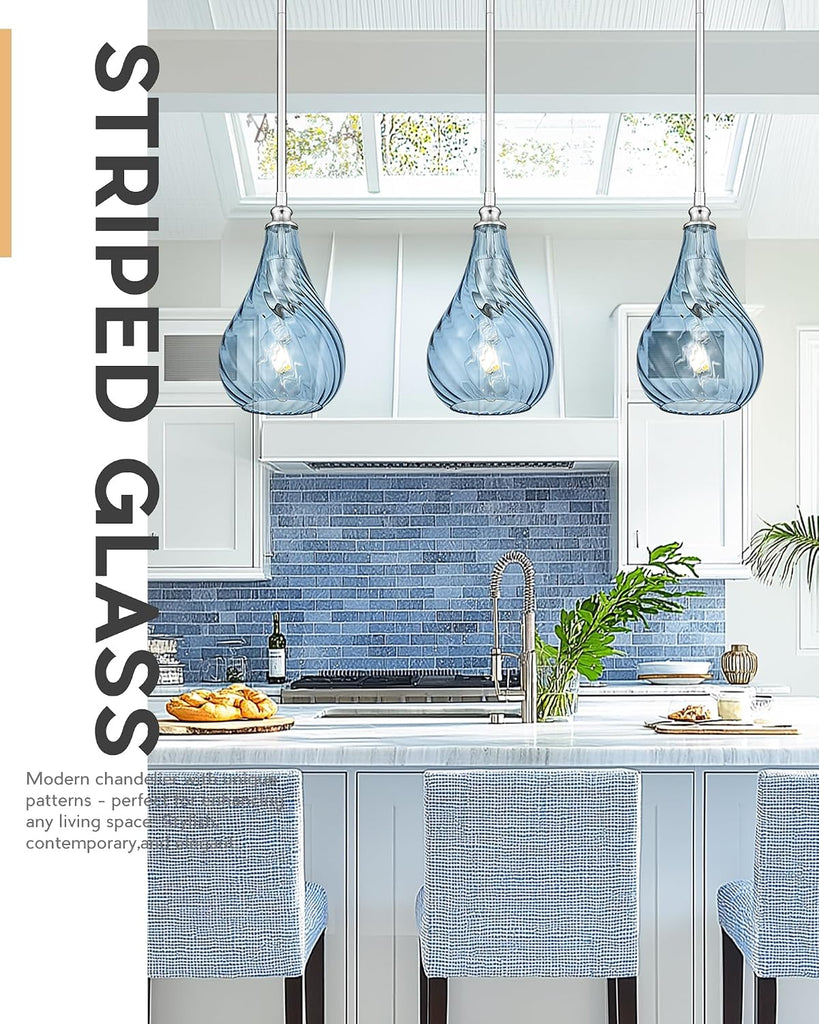 2 Pack Kitchen Pendant Lighting Over Island 6 Inch,Hanging Pendants Light,Brushed Gold Finished Striped Glass Pendant