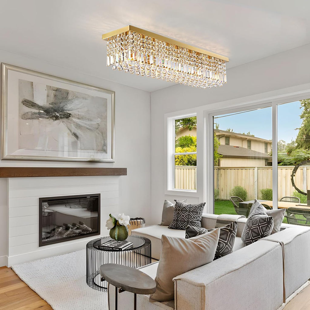 Rectangle Chandelier 8-Light Crystal Chandeliers, Modern Dining Room Light Fixture Luxury Gold Rectangular Flush