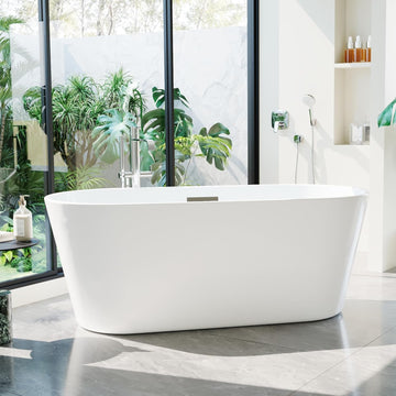 Acrylic Freestanding Bathtub, Deep Soaking Tub with Non-Slip Base, CUPC Certified Free Standing Tub, Chrome Drain