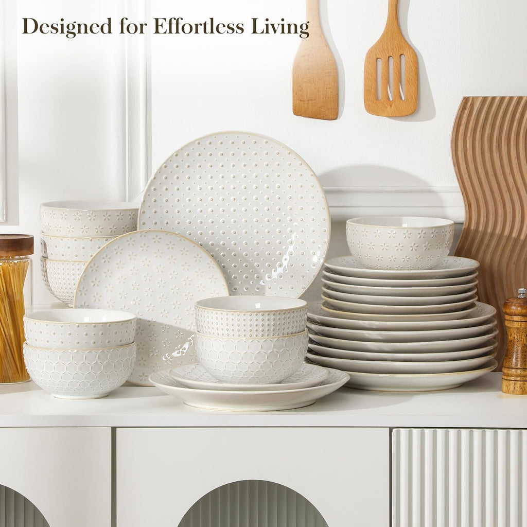 24 Piece Dinnerware Set, Embossed Ceramic Dish Sets Service for 8, Plates and Bowls Set