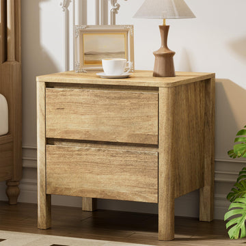 Mid Century Oak Nightstand with 2 Drawers, Modern Wooden Bedside Table with Hidden Handles and Wood Legs