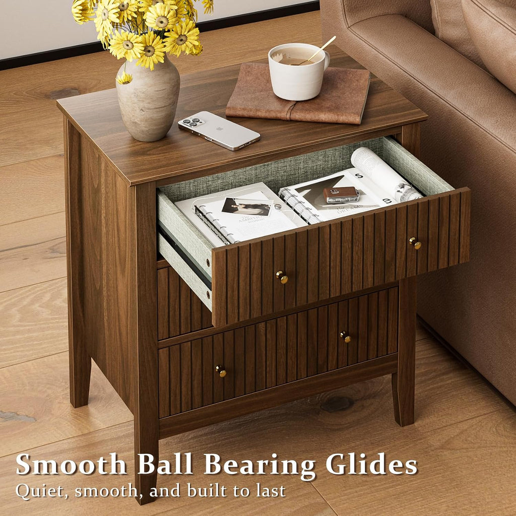 Night Stand, Fluted 3 Drawer Wide Farmhouse Nightstand with Gold Handle, Larger Wider Modern Bedside End Table