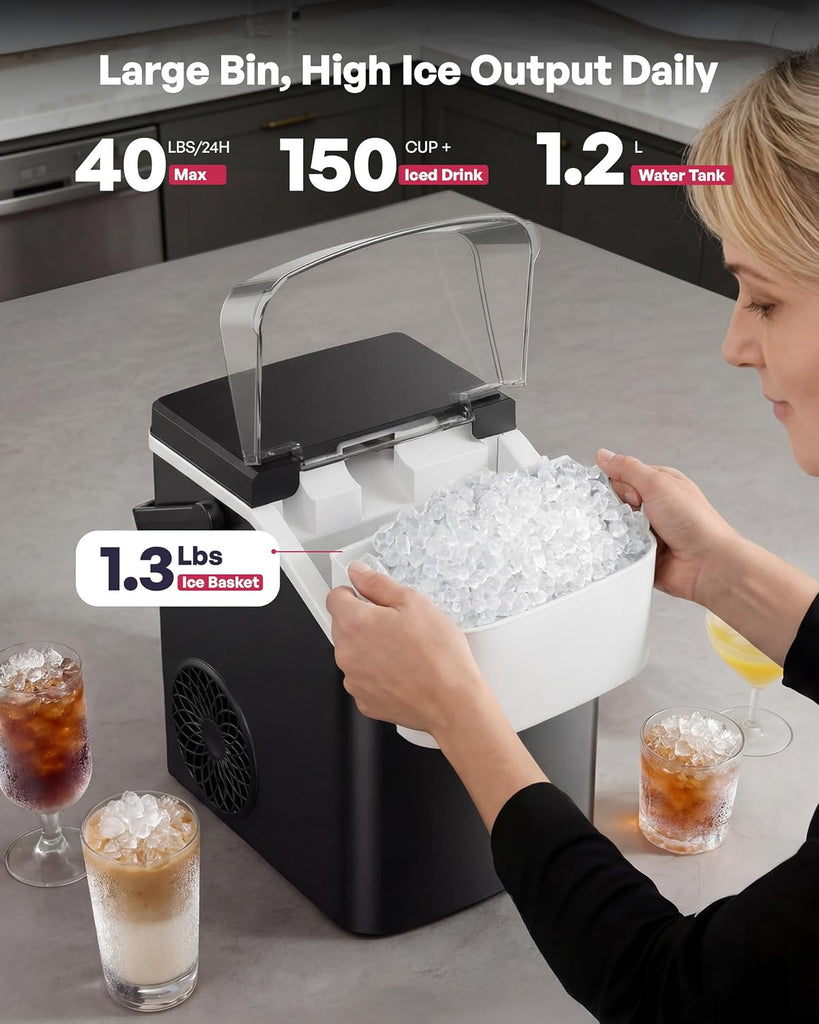 Nugget Ice Maker Countertop with Handle, Ready in 4 Mins, Max 40lbs/24H, Chewable Ice, Self-Cleaning, Portable Sonic