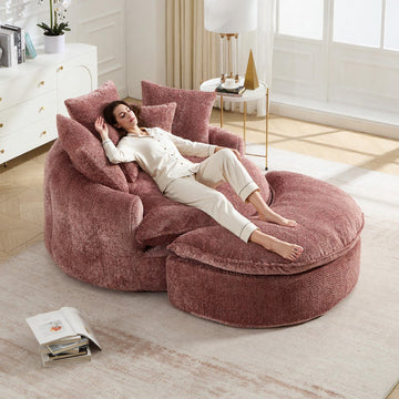 Oversized Round Boneless Chenille Lounge Chair with Ottoman, Deep Seat