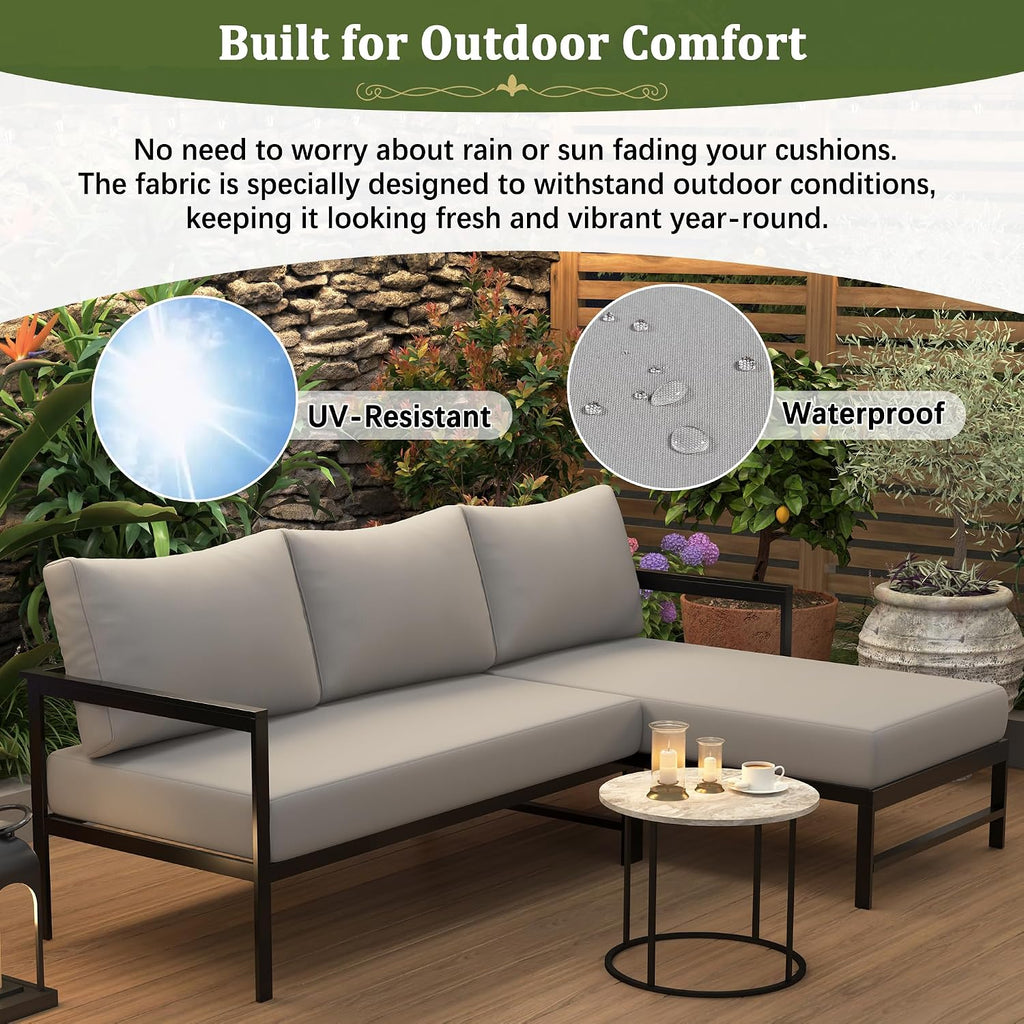 Outdoor L-Shaped Sectional Sofa with 5.9'' Ultra-Thick Cushions, All Weather Patio Conversation Set with Iron Frame