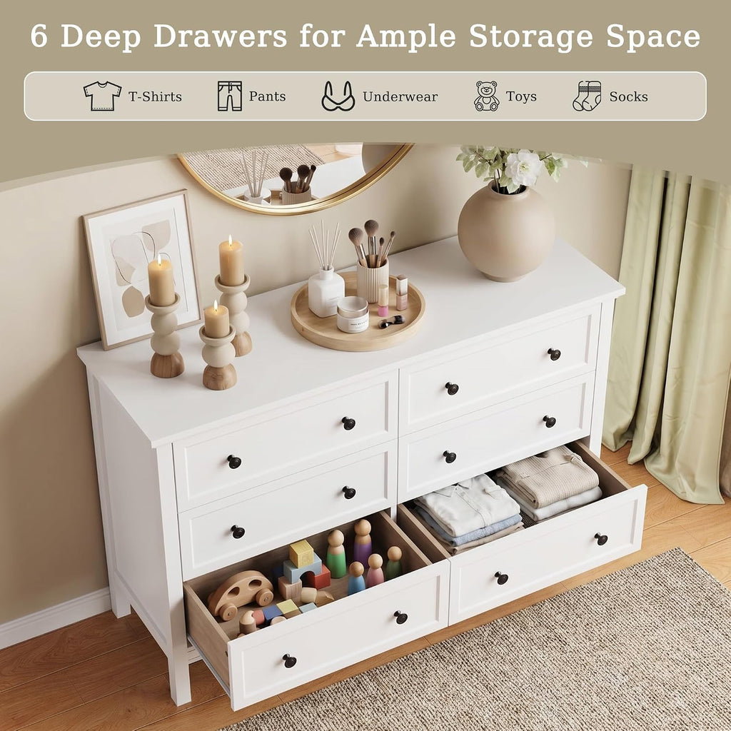 White Dresser , 6 Drawer Dresser with Wide Drawer and Metal Handles, Wood Dressers & Chests of Drawers .