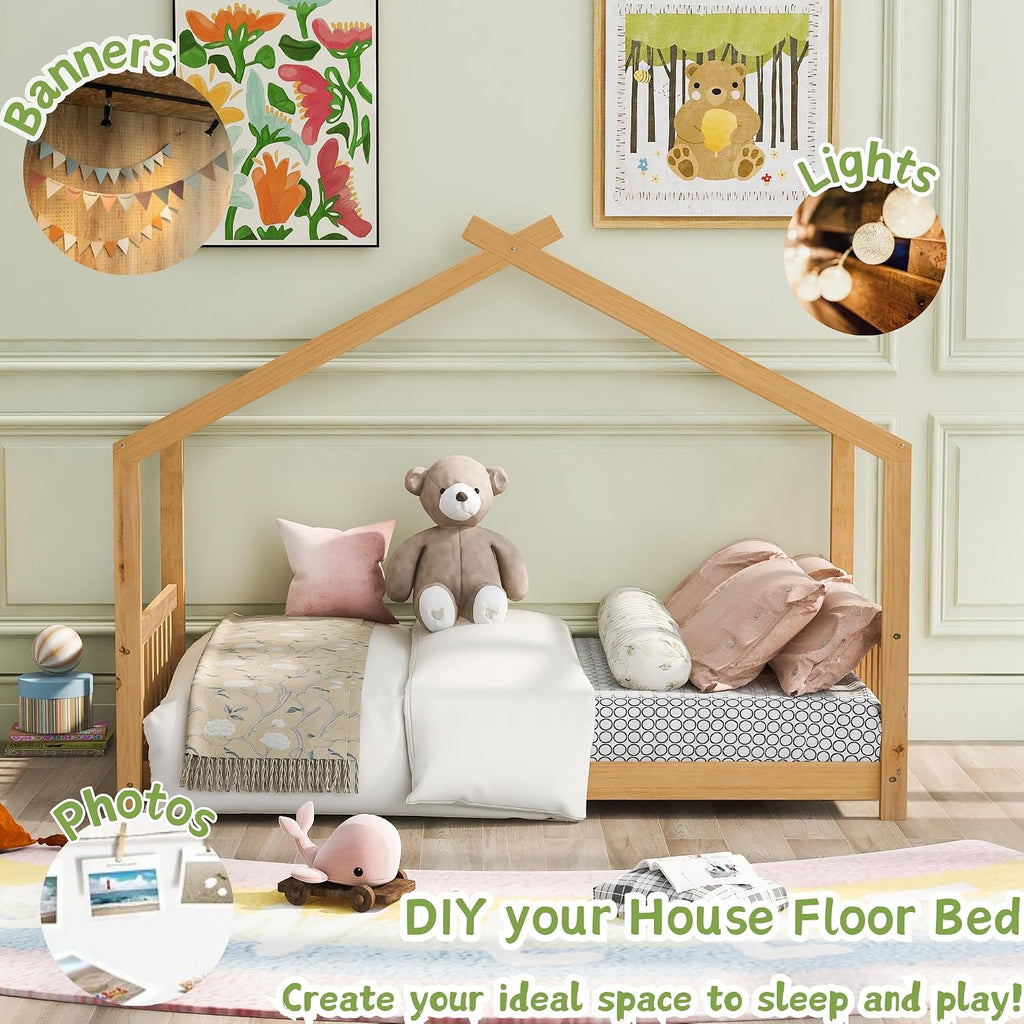 Floor House Beds Wood Montessori Bed Frame Twin Size Platform Bed with Headboard & Footboard for Kids Boys Girls