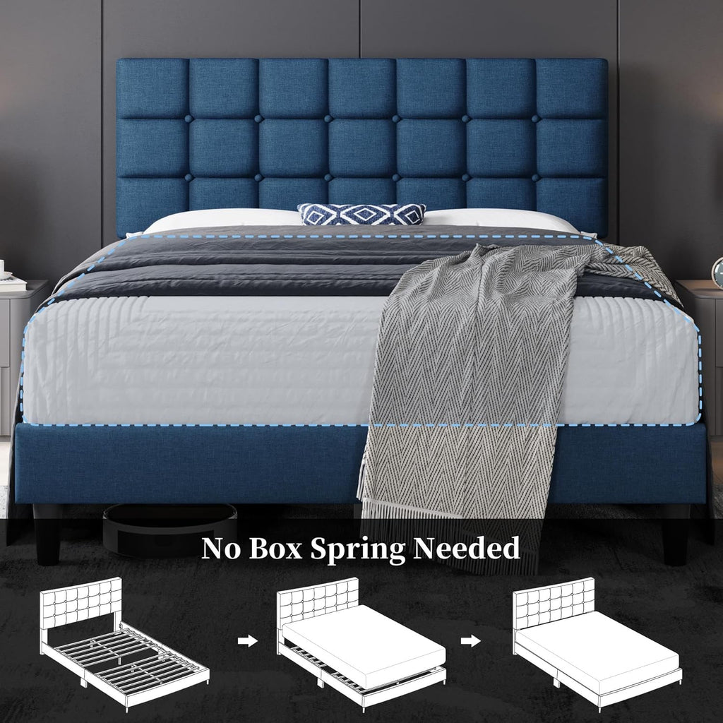 Upholstered Bed Frame, Modern Queen Bed Platform with Square Stitched&Button Tufting Headboard Height Adjustable