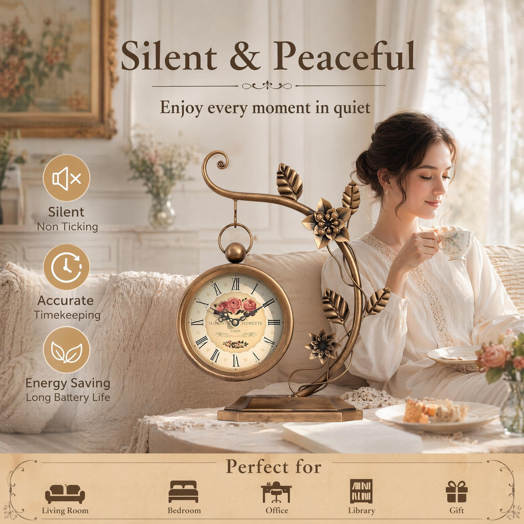 Floral Plant Desk Clock, Vintage Gold Table Clock with Leaf Pattern, Silent Non-Ticking Battery Operated Decorative