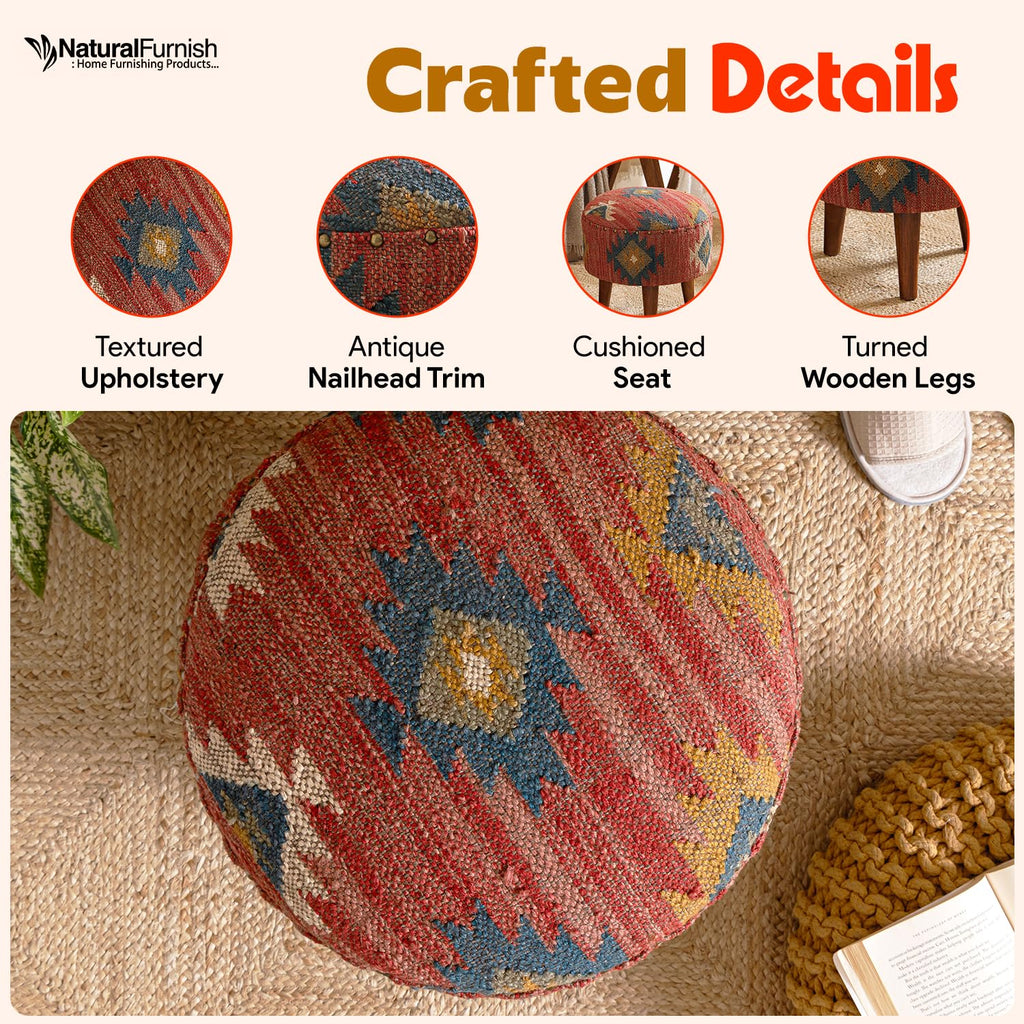 Handmade Kilim Jute Pouf Ottoman Stool | Round Upholstered Seating with Acacia Wood Legs | Decorative Foot Rest