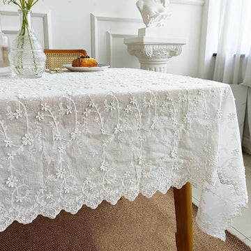 Beige Floral Embroidered Lace Tablecloth, Elegant Scalloped Edge Design, Vintage Farmhouse Style, Banquet, Wedding