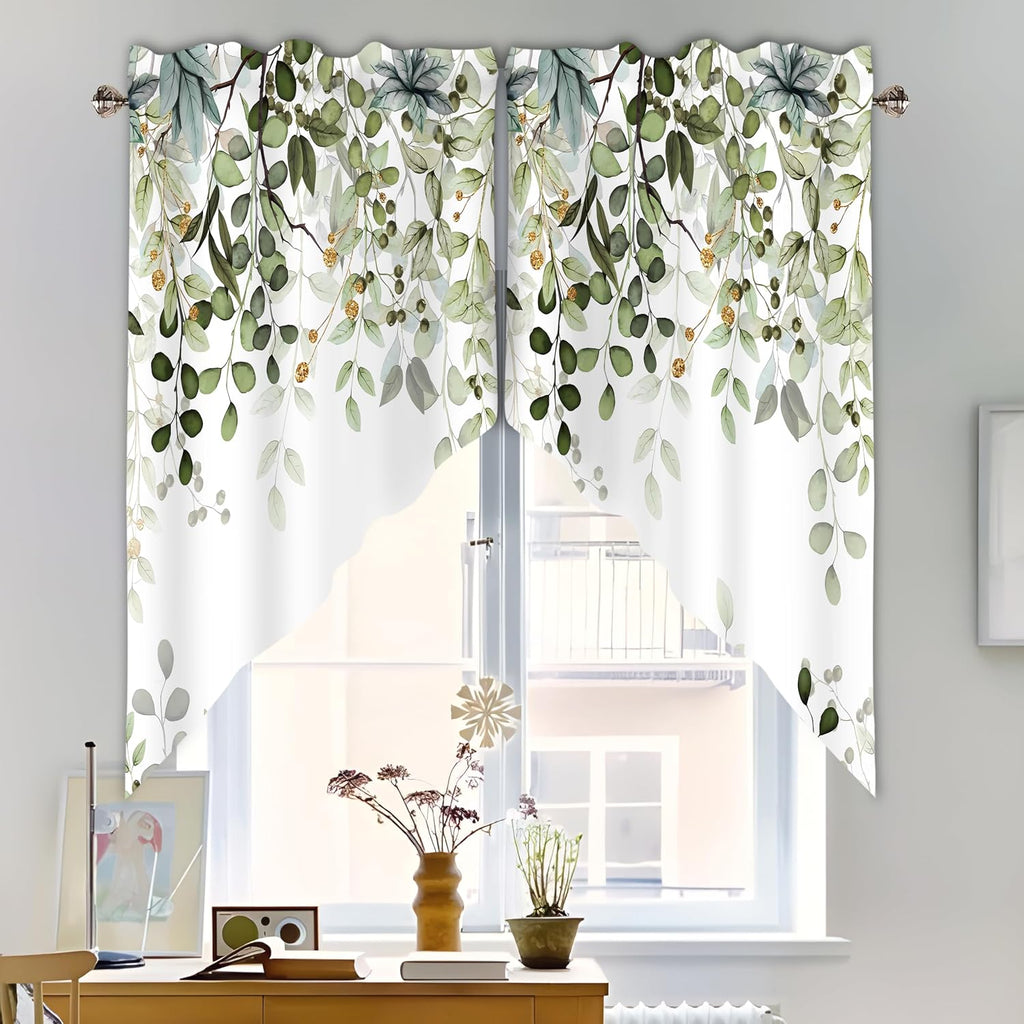 Sage Green Eucalyptus Swag Curtain Valance for Windows,Watercolor Leaves Window Treatments Short Swag Topper for Kitchen Windows Bathroom Bedroom, 1 Pair