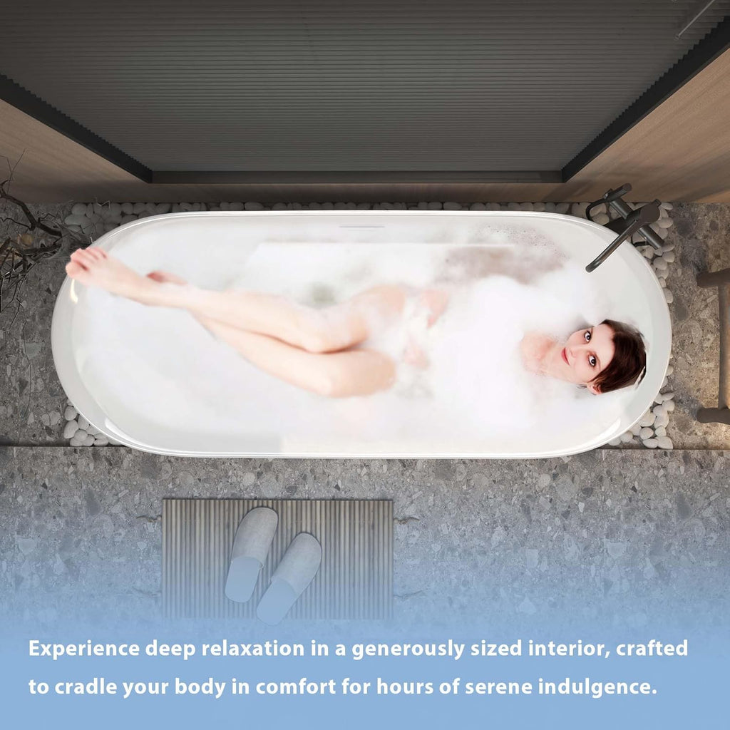 67" Oval Freestanding Soaking Bathtub with Toe-Tap Chrome Drain & Adjustable Leveling Feet, Stand Alone Tub, Acrylic