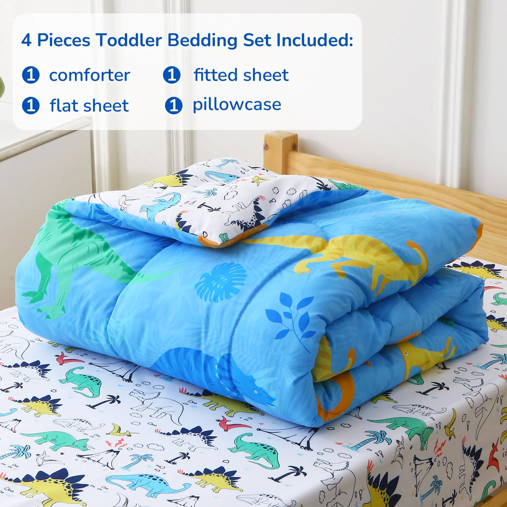 Toddler Comforter Sets, 4 Pieces Bedding Sets, Dinosaur Pattern