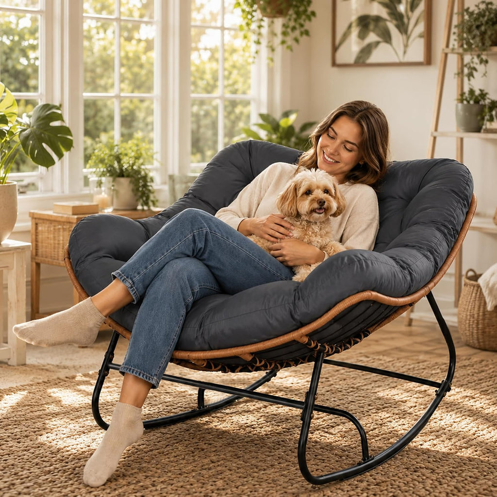Papasan Rocking Chair Outdoor Oversized Rocker with 5" Cushion, 450 lbs Wicker Egg Recliner Chair Metal Patio Chair