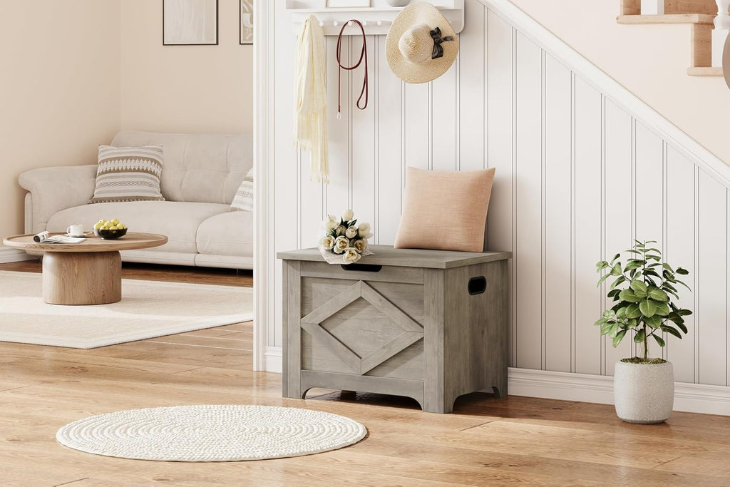 Wooden Storage Chest, Farmhouse Style Storage Bench with Safety Hinges, Wooden Trunk Toy Chest , 300 Lb Capacity
